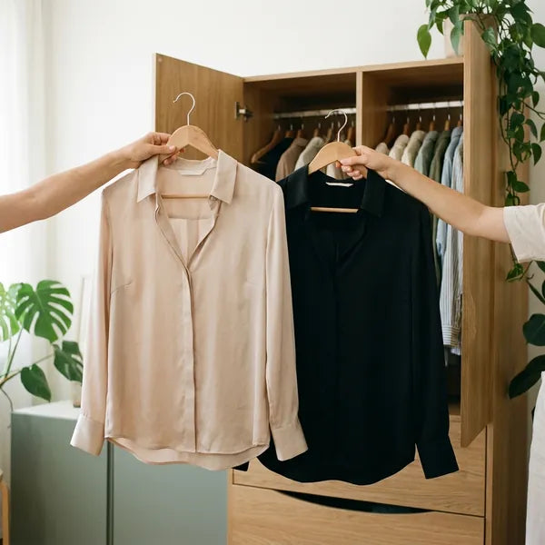 Mãos segurando uma blusa clara e uma blusa preta na frente do guarda-roupa