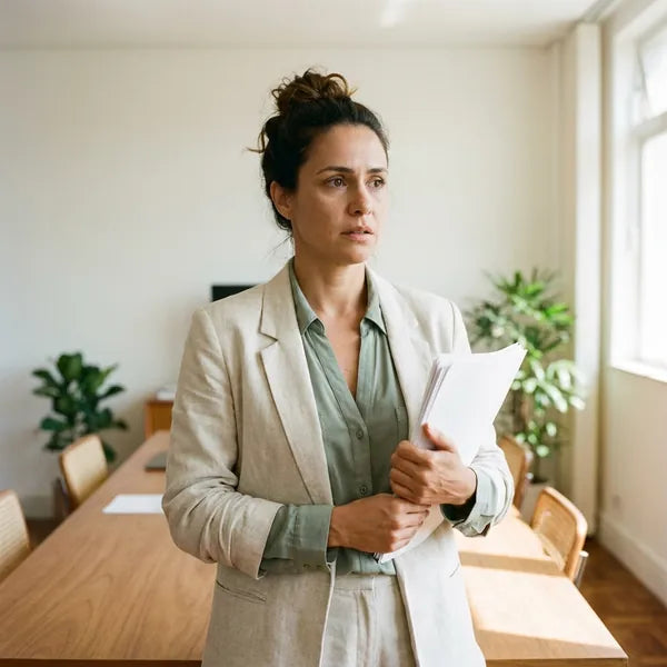 Mulher segurando papéis numa sala de reunião, antes de apresentar